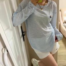 批发【官图天丝螺纹110克】美式复古长袖T恤女修身显瘦微透慵懒风上衣