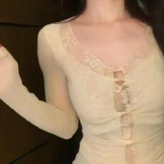 官图粤V40D弹力网韩版复古长袖t恤女设计感修身显瘦辣妹上衣