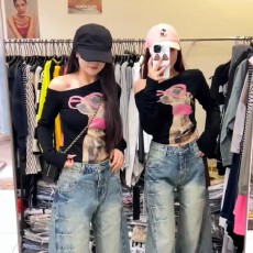 批发【官图德绒180克】韩版纯欲风<b class='q'>印花</b>性感长袖<b class='q'>T</b><b class='q'>恤</b>女修身显瘦时尚上衣