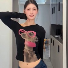 批发【官图德绒180克】韩版辣妹风<b class='q'>印花</b>长袖<b class='q'>T</b><b class='q'>恤</b>女修身显瘦时尚百搭上衣