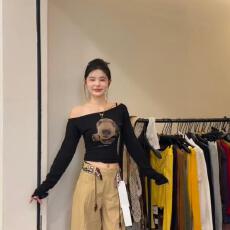 批发【官图德绒180克】美式复古露肩长袖<b class='q'>t</b><b class='q'>恤</b>女修身显瘦时尚百搭上衣潮