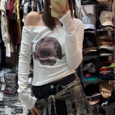 批发【官图德绒180克】美式复古露肩斜领长袖<b class='q'>t</b><b class='q'>恤</b>女修身显瘦时尚上衣潮