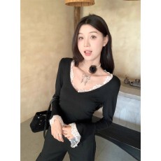 批发【官图人棉】美式复古时尚百搭长袖<b class='q'>T</b><b class='q'>恤</b>女设计感小众辣妹风上衣潮