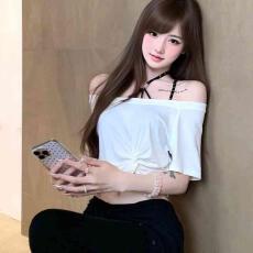批发【官图人棉螺纹】美式复古短袖T恤女夏季新款设计感纯色斜肩上衣