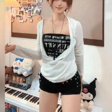 批发【官图天丝】夏季新款修身显瘦<b class='q'>长袖</b><b class='q'>T</b><b class='q'>恤</b>女高级感抹胸两件套上衣潮