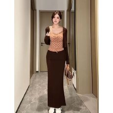 批发【官图酷丝棉】美式复古辣妹开衫长袖T恤女设计感两件套吊带上衣