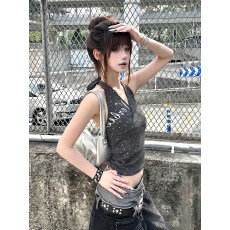 批发【官图人棉螺纹】美式<b class='q'>街头</b>纯欲风挂脖背心女夏季新款修身显瘦上衣