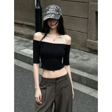 官图仿棉螺纹韩版复古设计感时尚百搭中袖T恤女修身显瘦上衣
