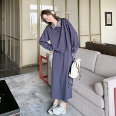 批发大码女装胖mm<b class='q'>韩版</b>翻领假两件长袖卫衣+半身裙秋季显瘦时尚<b class='q'>套装</b>