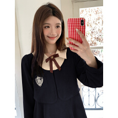 批发大码学院风收腰假两件高级感灯芯绒连衣<b class='q'>裙</b>蝴蝶结<b class='q'>裙</b>