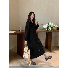 批发法式赫本风大码灯芯绒连衣<b class='q'>裙</b><b class='q'>长袖</b>显瘦气质中长款<b class='q'>裙</b>