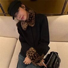 批发大码<b class='q'>女装</b>秋冬豹纹毛领设计感单排扣加绒加厚韩版慵懒风气质外套女