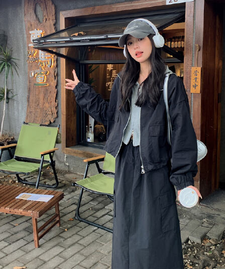 한 부서 ootd 착용 가져 가라. 고급 센스 워크웨어 세트 여성 봄 가을 슈퍼 화재 잘 생긴 차가운 바람의 소리 던져 자매 롱 스커트 투피스 세트 트렌디