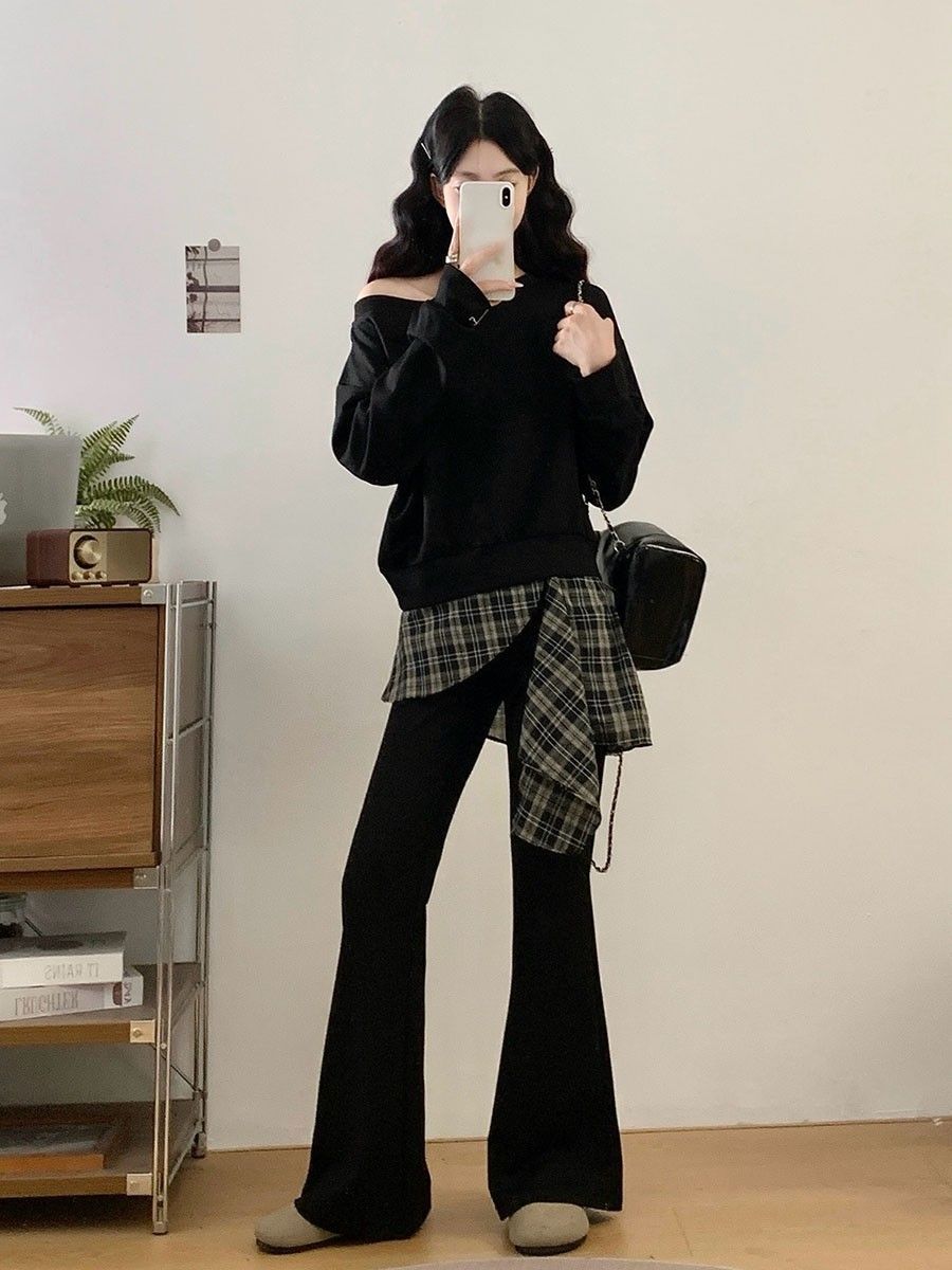 빅 사이즈 여성 가을 새로운 지방 mm 프랑스식 외국 가스 연령 감소 오프숄더 후드티 체크무늬 패치워크 부츠컷 바지 투피스 슈트