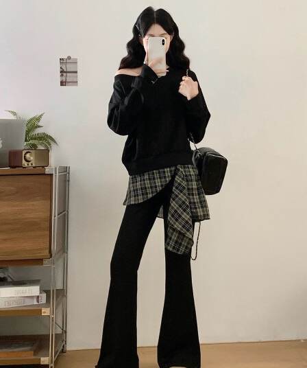 빅 사이즈 여성 가을 새로운 지방 mm 프랑스식 외국 가스 연령 감소 오프숄더 후드티 체크무늬 패치워크 부츠컷 바지 투피스 슈트