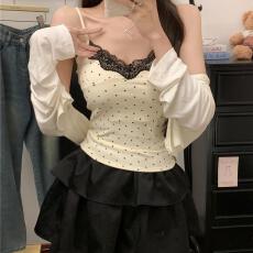 批发带胸垫波点<b class='q'>蕾丝</b>小吊带背心女内搭夏新款美背<b class='q'>文胸</b>一体短款上衣