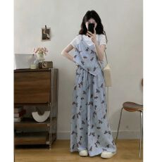 批发现货 大码夏天穿搭一整套休闲独特假两件碎花上衣阔腿<b class='q'>裤</b><b class='q'>套装</b>女