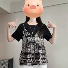 批发现货 时尚印花小衫V领<b class='q'>假两件</b>短袖女上衣夏薄款轻奢高级感<b class='q'>衬衫</b>新款