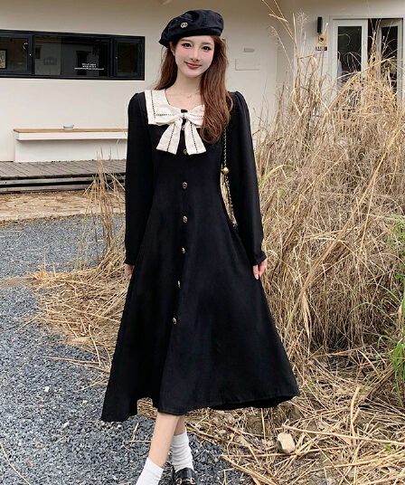 실사 가을 겨울 지방 mm 하이웨이스트 나비 매듭 광장 칼라 긴팔 여성 드레스 한국 스타일 패션 a 단어 길이 치마