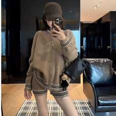 批发现货供应｜撞色圆领拉链毛衣外套女新款韩系休闲针织弹力<b class='q'>短裤</b>套装