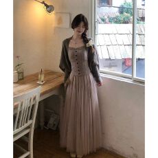 批发早秋韩系温柔风针织<b class='q'>开衫</b>吊带网纱长裙女三件套叠穿气质显瘦套装