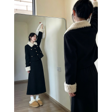 批发小香风套装女冬季<b class='q'>大码</b>胖mm高级感羊羔毛领短款外套半身裙子两件套
