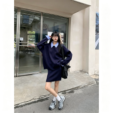 批发<b class='q'>韩版</b>学院针织套装女秋冬新款简约<b class='q'>衬衫</b>领毛衣半身短裙两件套