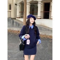 批发都市休闲针织套装女2026秋冬新款条纹衬衫领拼接上衣半身裙两件套