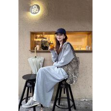 批发现货韩系高级感简约气质休闲套装女秋冬季V领连帽卫衣长裙三件套