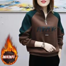 批发新款加绒加厚长袖卫衣女休闲套头立领保暖拉链减龄宽松显瘦<b class='q'>妈妈</b>装