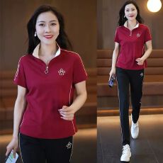 批发休闲时尚<b class='q'>运动服</b>短袖套装女夏装洋气减龄立领半拉链<b class='q'>显瘦</b>薄款两件套