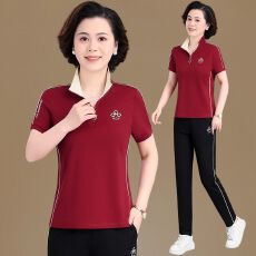 批发妈妈夏装刺绣短袖t恤洋气中老年<b class='q'>运动服</b>套装女<b class='q'>显瘦</b>大码气质两件套