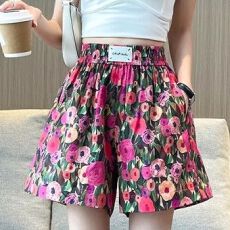 批发特大码胖mm油画碎花短<b class='q'>裤</b>女夏季复古洋气<b class='q'>宽松</b>休闲阔腿冰丝五分热<b class='q'>裤</b>