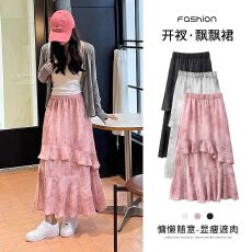 批发<b class='q'>半身裙</b>女夏季2026新款韩版A字开叉<b class='q'>不规则</b>长裙粉色荷叶边蛋糕裙子