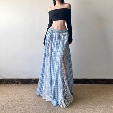 批发蓝色蕾丝蓬蓬蛋糕裙<b class='q'>女</b>夏季2025新款高腰显瘦中长款a字格子<b class='q'>半身裙</b>