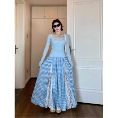 批发蓝色格子<b class='q'>半身裙</b><b class='q'>女</b>夏季薄款2026新款高腰裙蕾丝蛋糕裙子小个子a字