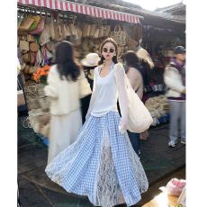 批发韩系格纹白色蕾丝<b class='q'>半身裙</b><b class='q'>女</b>2026春夏新款气质氛围感a字长<b class='q'>裙</b>