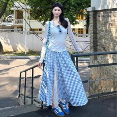 批发不规则蓝色蕾丝格子大摆长裙<b class='q'>半身裙</b><b class='q'>女</b>2025初夏穿搭小个子显瘦a字