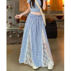 批发高级感蕾丝拼接蓝色格纹<b class='q'>半身裙</b>2026夏新款甜美高腰显瘦A字中长<b class='q'>裙</b>