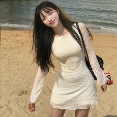 批发原版加内里韩系纯欲辣妹风蕾丝半透春秋新款性感<b class='q'>露背</b>系带a字短裙