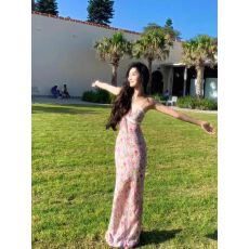 批发法式气质超仙茶歇碎花吊带裙春夏纯欲性感v领蕾丝拼接包臀连衣裙