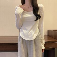 批发【180克双磨】设计感小众正肩长袖T恤女修身显瘦<b class='q'>打底衫</b>上衣潮