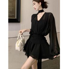 批发法式性感设计感收腰微透飘带长袖<b class='q'>连衣裙</b>2026<b class='q'>春秋</b>季新款性感a字裙