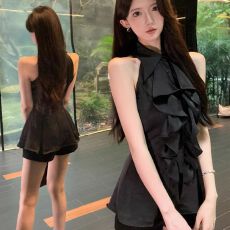 批发荷叶边无袖衬衫上衣女夏法式气质中长款收腰修身衬衣