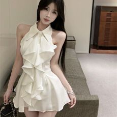 批发荷叶边无袖衬衫上衣女夏法式气质中长款收腰修身衬衣