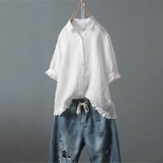 批发夏季<b class='q'>欧美</b>外贸女装亚马逊速卖通棉麻休闲单排扣荷叶边大码短袖衬衫