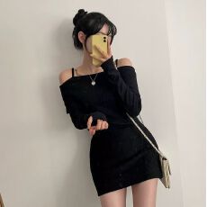 批发辣妹小个子修身显瘦一字肩吊带翻领连衣裙女秋冬季新款包臀裙短裙