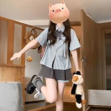 批发韩版<b class='q'>条纹</b>衬衫女初夏季拼接设计感百搭百褶jk制服半身短<b class='q'>裙</b>两件套装