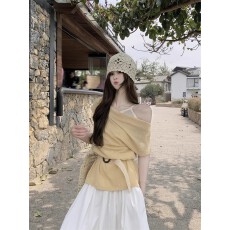 韩系甜美假两件蓝色斜露肩短袖T恤女夏季多巴胺独特别致内搭上衣