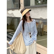 批发2026春夏新款条纹冰丝<b class='q'>网纱</b>长袖T恤女慵懒风凉感速干防晒罩衫上衣